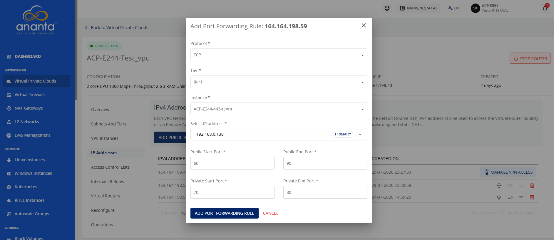 Adding Port forwarding rule