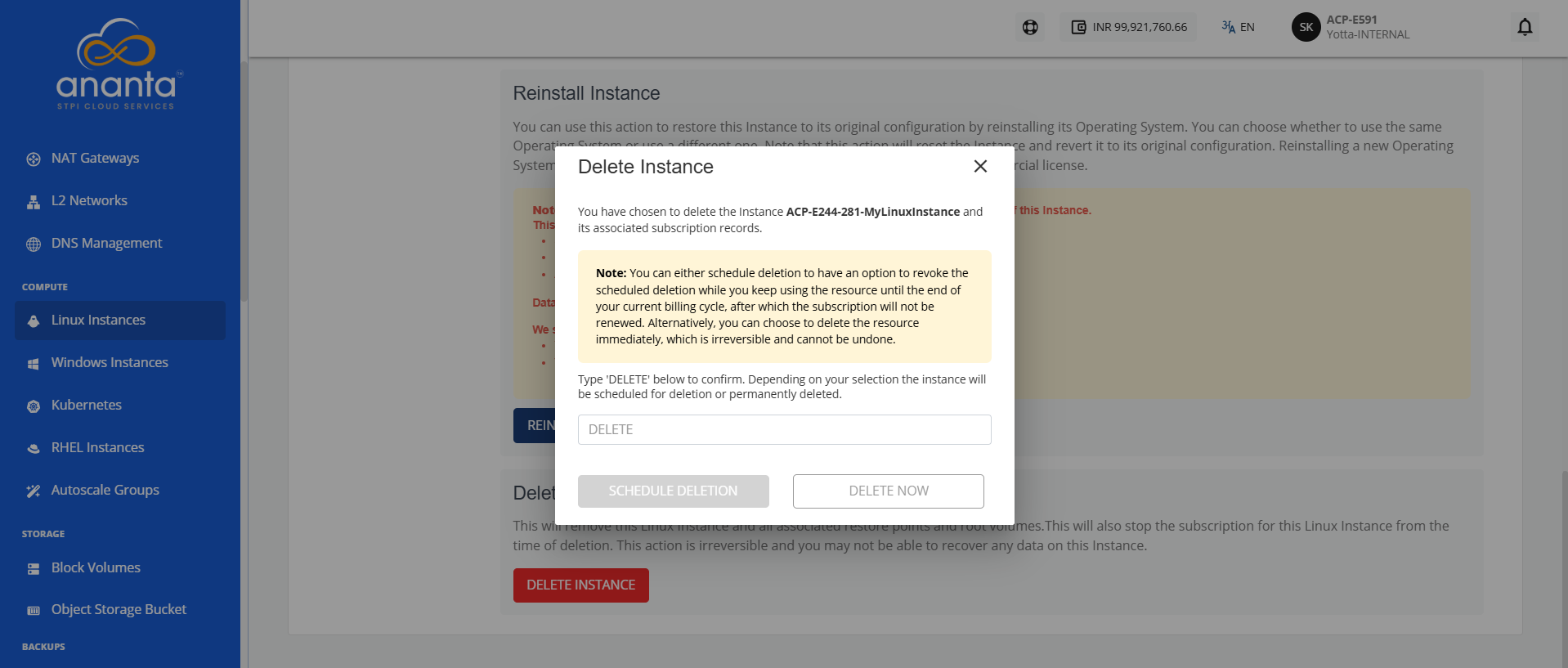 Linux Instance Operations | Ananta Cloud Technical Documentation