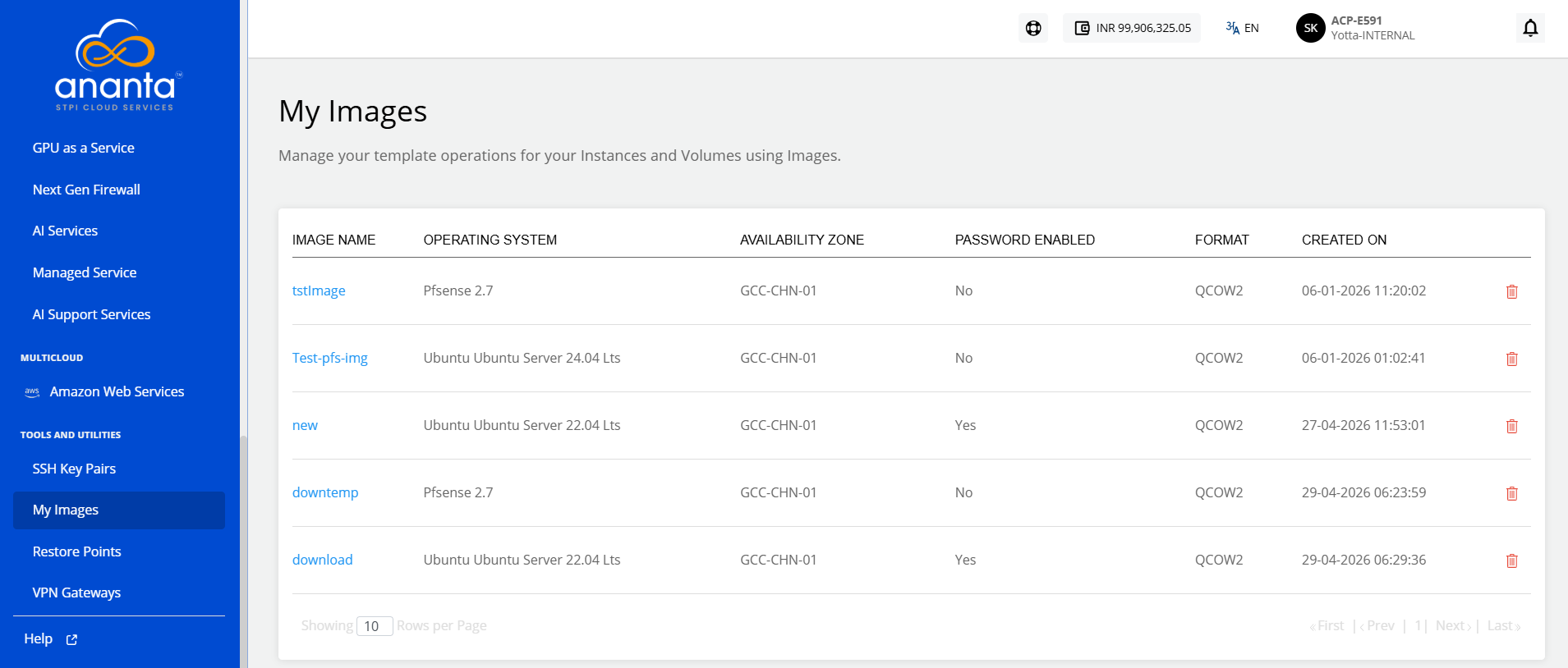 My Images dashboard