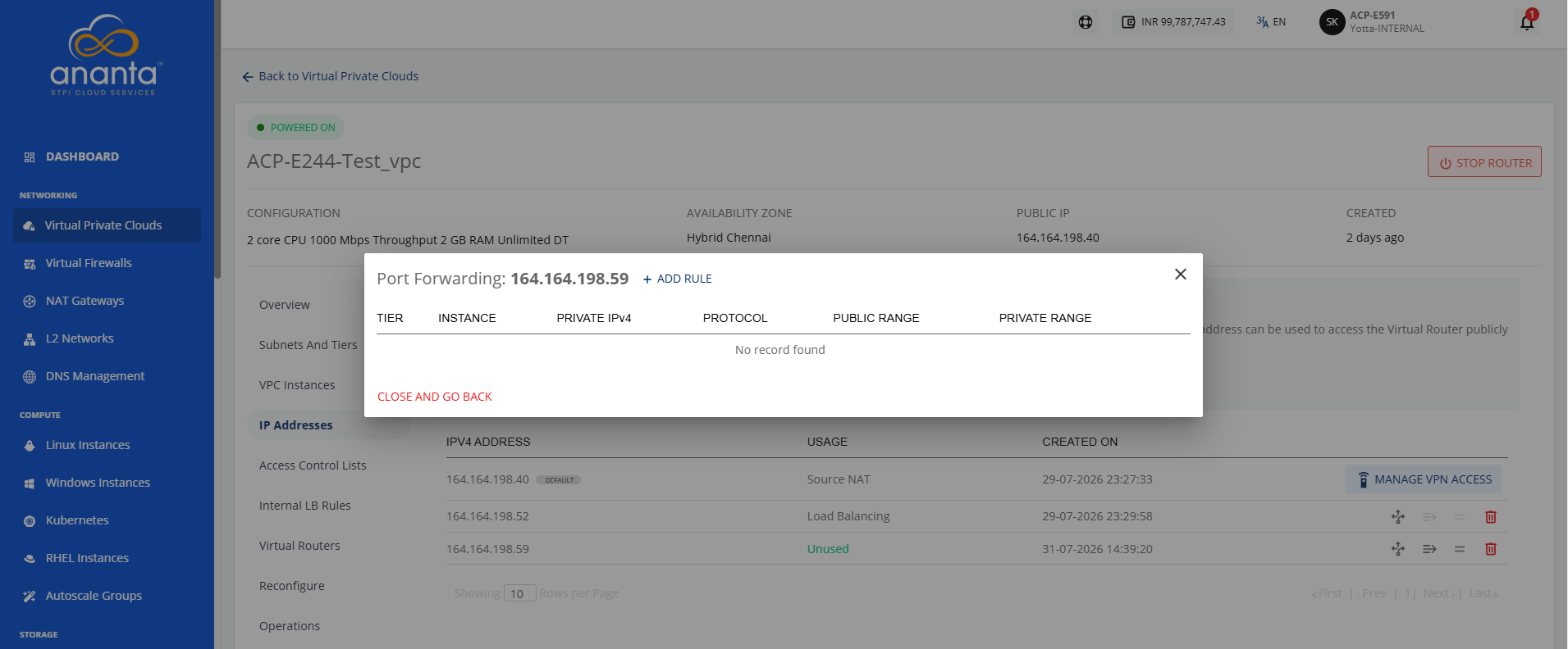 Port Forwarding Screen